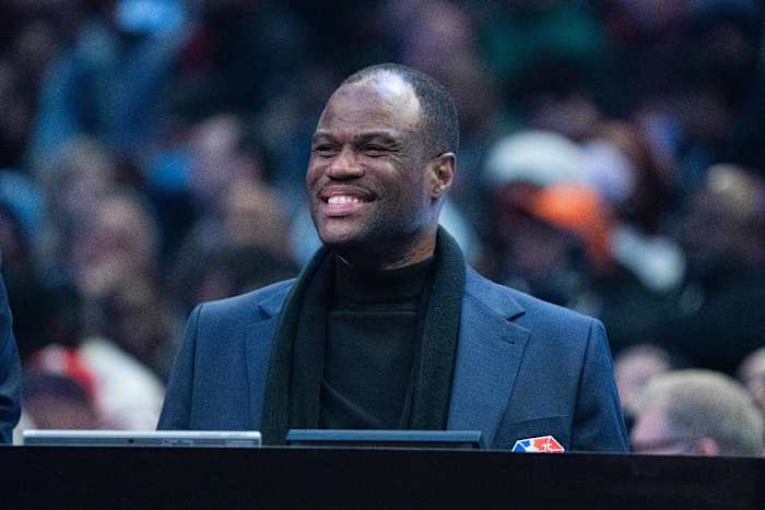 February 19, 2022; Cleveland, OH, USA; NBA great David Robinson during the Slam Dunk Contest during the 2022 NBA All-Star Saturday Night at Rocket Mortgage Field House.